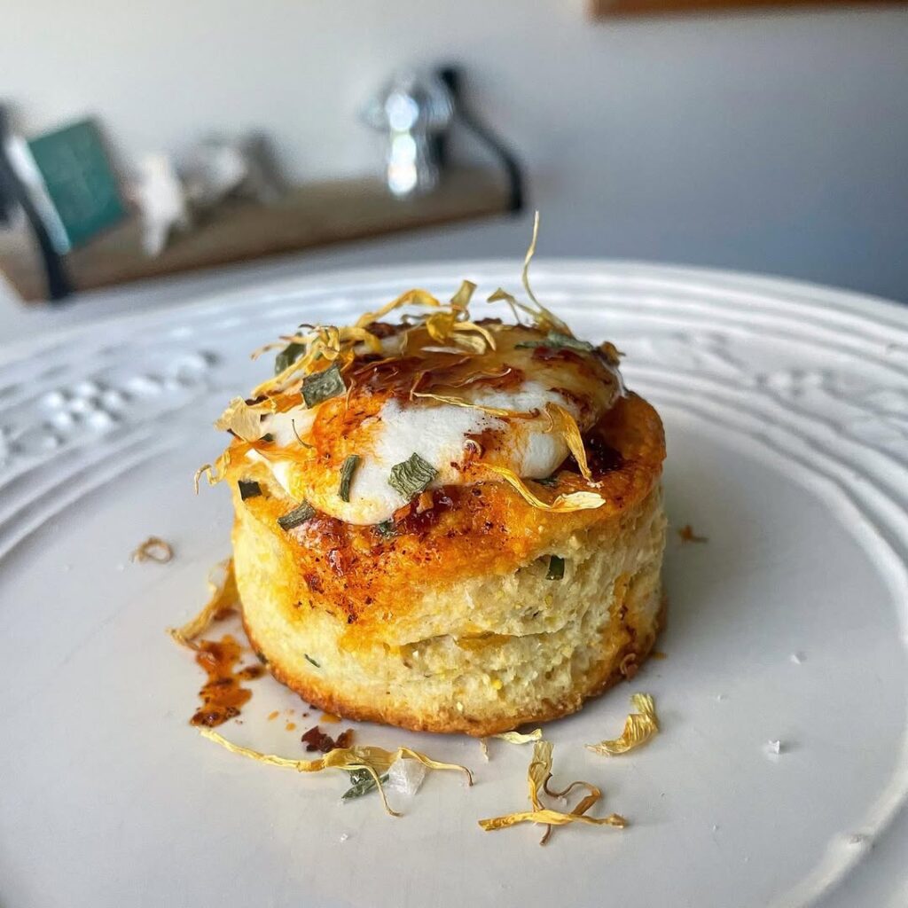 Cheesy Garlic Butter Chicken: A Rich and Flavourful Comfort Dish 5 calendula chive chevre corn chive calendula corn biscuit garlic whipped chevre hot honey calendula petals 62 365 yearofrecipes biscuits corn goatcheese socal chef
