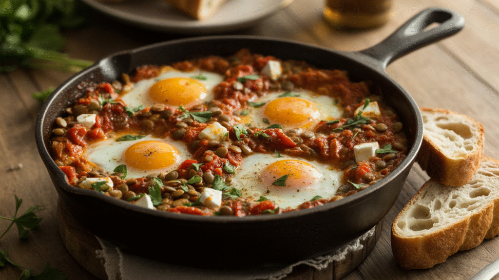 Baked Eggs with Tomatoes & Lentils