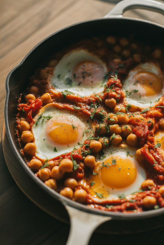 Spicy Baked Eggs with Tomatoes and Chickpeas
