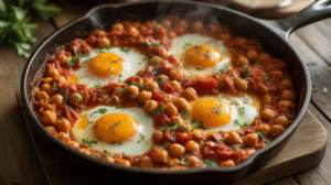 Spicy Baked Eggs with Tomatoes and Chickpeas