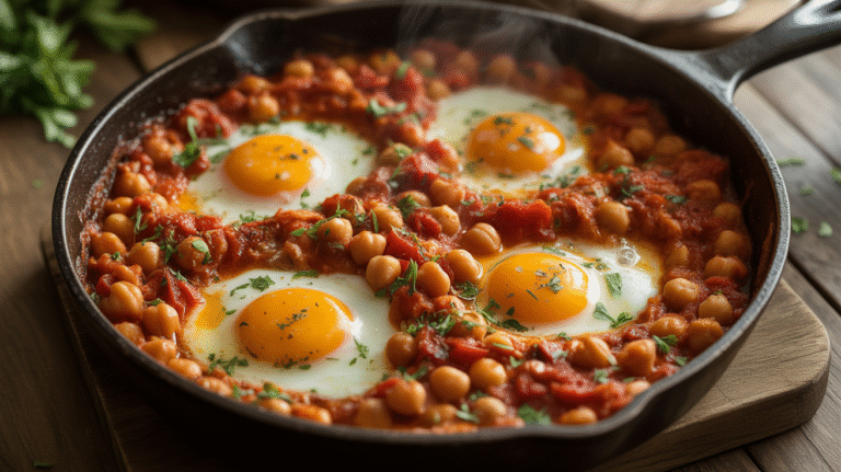 Spicy Baked Eggs with Tomatoes and Chickpeas