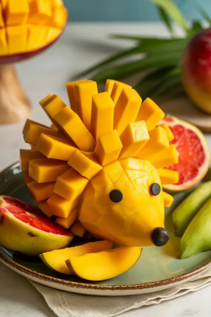 10 Fruit Carving Ideas: Stunning, Easy Designs Anyone Can Master at Home 6 fun mango hedgehog fruit carving with cu XLJqWGdTS9WNJItt aIQ EqRdNKt0SrGC8LHZc03mYA cover