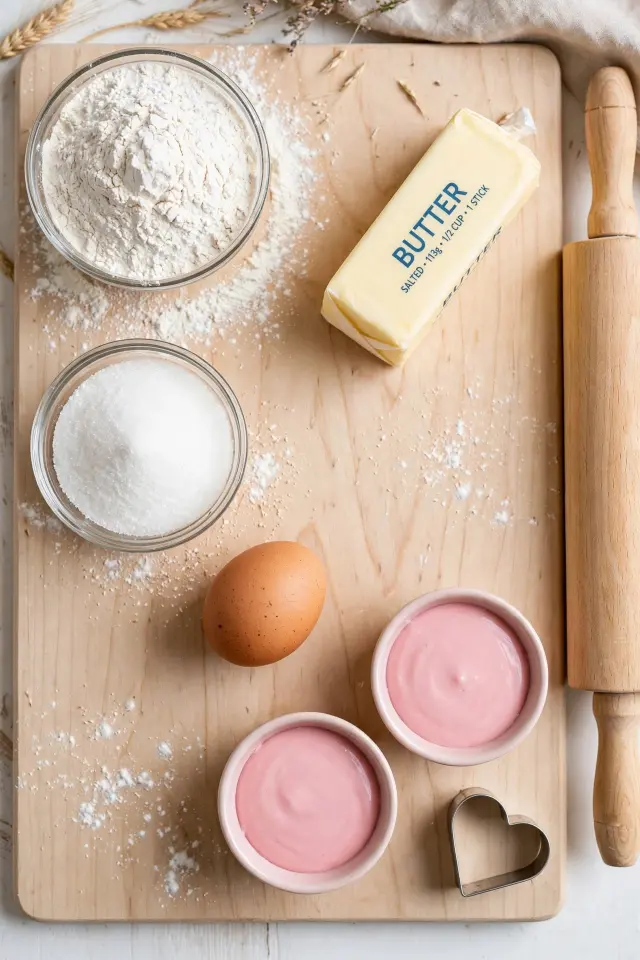 Cute Baked Goods Recipe: Mini Heart Sugar Cookies That Look Bakery-Made 1 "Ingredients flat lay for a cute baked goods recipe including flour, butter, sugar, egg, and pink icing bowls