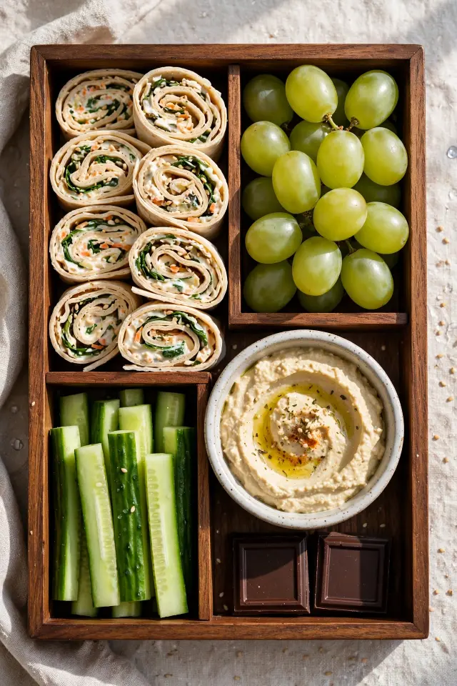 15 Kids Lunch Box Meals That Actually Come Home Empty 4 Finished kids lunch box meal with sandwich pinwheels, grapes, cucumber and a treat