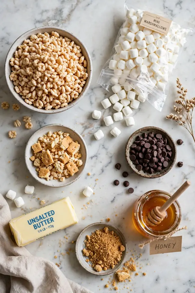 S'mores Rolled Rice Krispie Treats (Easy No-Bake Recipe) 1 Ingredients for s'mores rolled rice krispie treats laid out including mini marshmallows, rice cereal, graham crackers, and chocolate chips