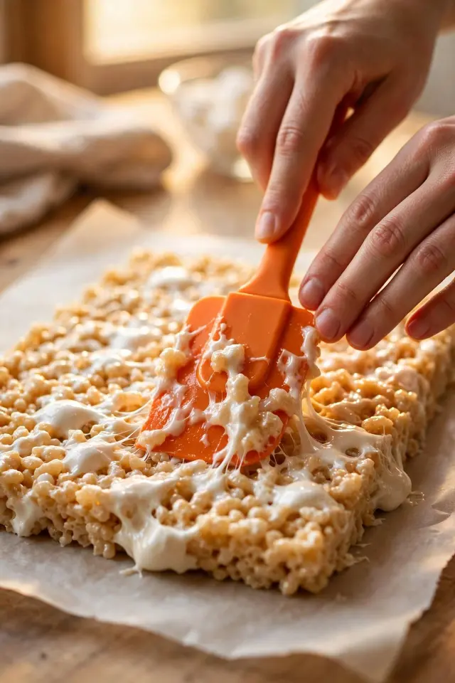 S'mores Rolled Rice Krispie Treats (Easy No-Bake Recipe) 2 Warm rice krispie treat mixture pressed flat into a rectangle on parchment paper