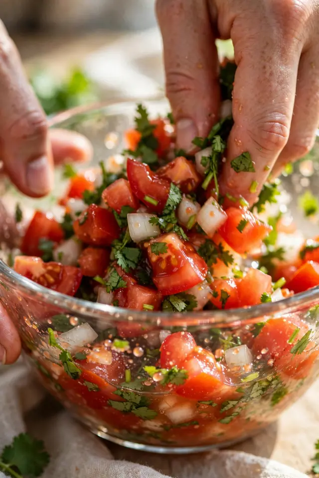 Salsa Recipes Homemade: 3 Easy Versions That Beat Anything From a Jar 3 Hands mixing homemade salsa ingredients in a glass bowl