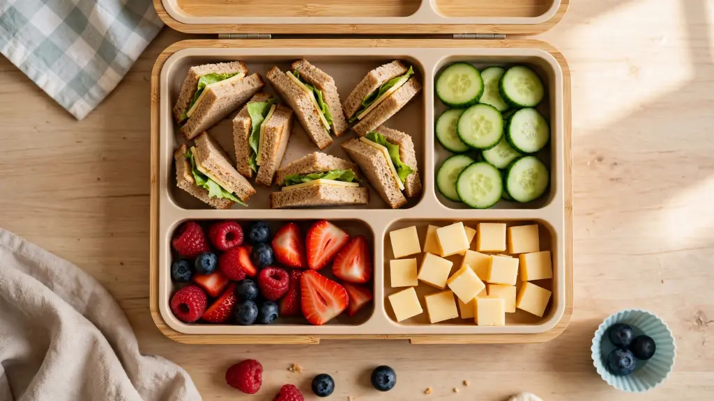 15 Kids Lunch Box Meals That Actually Come Home Empty 1 Assortment of kids lunch box meals packed in a bento-style box with fruit, sandwiches, and veggies