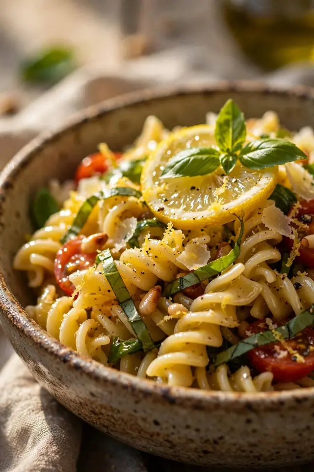 Lemon Basil Pasta Salad: The Bright, Make-Ahead Side Everyone Asks For 4 Close-up of a serving bowl of lemon basil pasta salad garnished with fresh basil and lemon slices