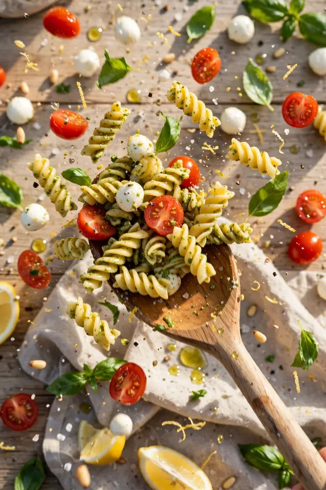 Lemon Basil Pasta Salad: The Bright, Make-Ahead Side Everyone Asks For 3 Lemon basil pasta salad being tossed with cherry tomatoes and mozzarella pearls in a large bowl