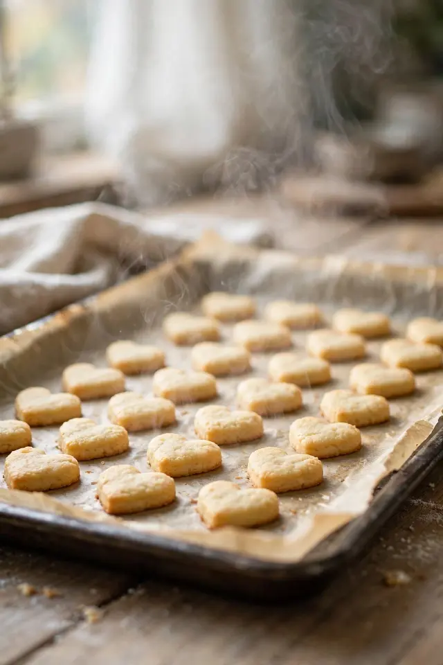Cute Baked Goods Recipe: Mini Heart Sugar Cookies That Look Bakery-Made 3 Freshly baked mini heart sugar cookies cooling on a baking sheet