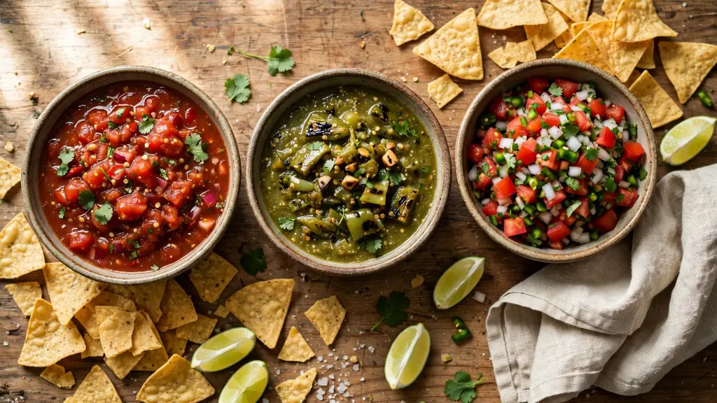 Salsa Recipes Homemade: 3 Easy Versions That Beat Anything From a Jar 1 Three bowls of homemade salsa recipes with tortilla chips on a wooden table