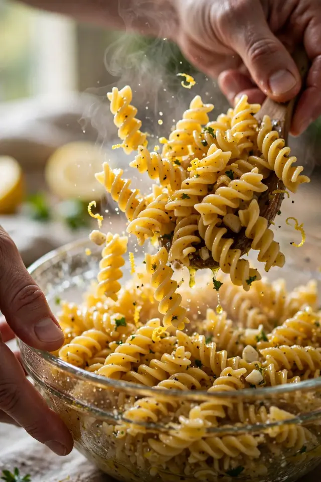 Lemon Basil Pasta Salad: The Bright, Make-Ahead Side Everyone Asks For 2 Warm cooked pasta being tossed with lemon dressing in a glass mixing bowl