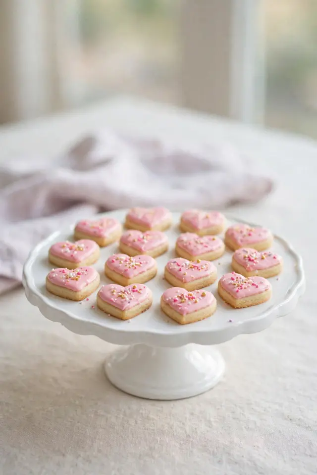 Cute Baked Goods Recipe: Mini Heart Sugar Cookies That Look Bakery-Made 4 Plated cute baked goods recipe of pink iced mini heart cookies on a white cake stand