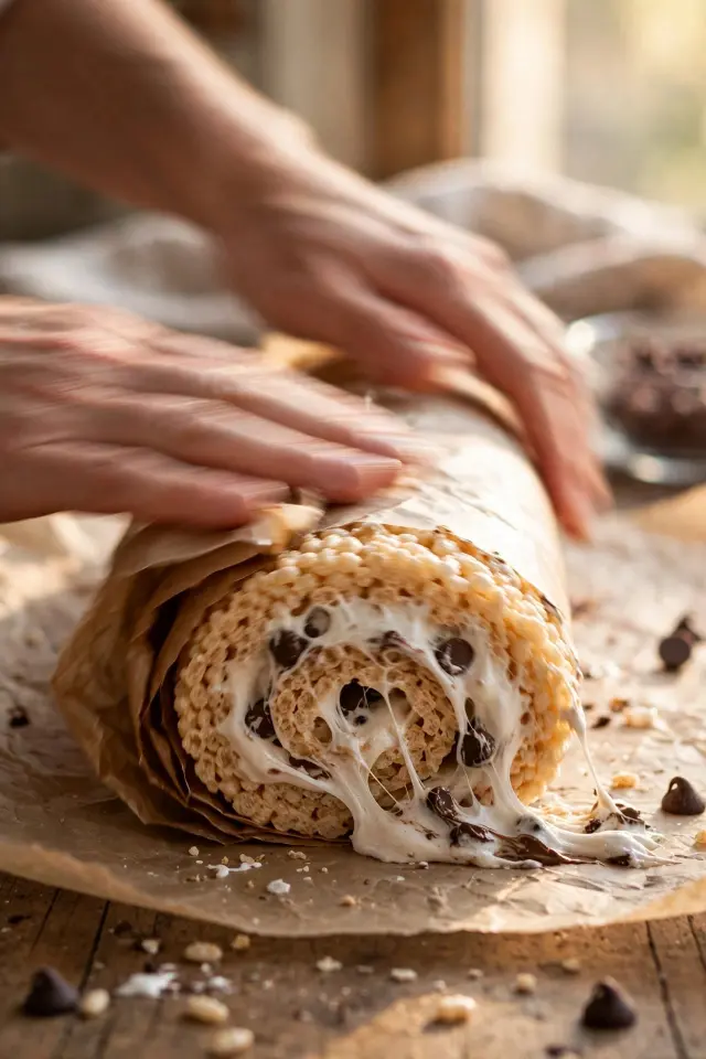 S'mores Rolled Rice Krispie Treats (Easy No-Bake Recipe) 3 Hands rolling s'mores rice krispie treat mixture into a spiral log using parchment paper