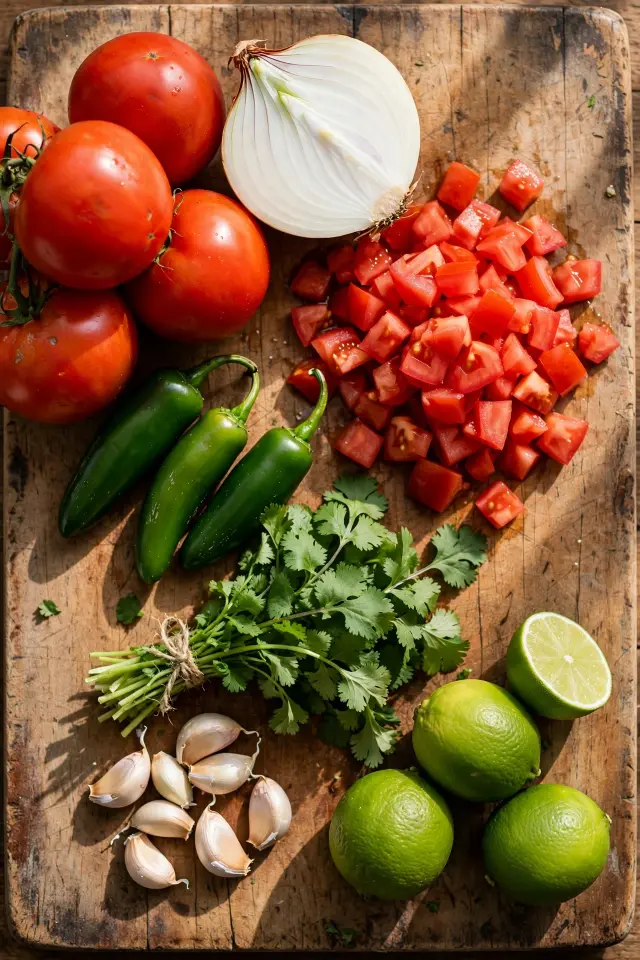 Salsa Recipes Homemade: 3 Easy Versions That Beat Anything From a Jar 2 Ingredients for homemade salsa recipe laid out on a cutting board including tomatoes, onion, jalapeño, cilantro, and limes