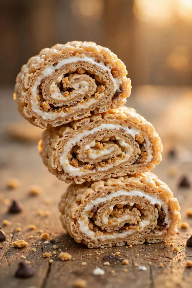 S'mores Rolled Rice Krispie Treats (Easy No-Bake Recipe) 4 Sliced s'mores rolled rice krispie treat pinwheels stacked showing the spiral swirl of marshmallow and chocolate