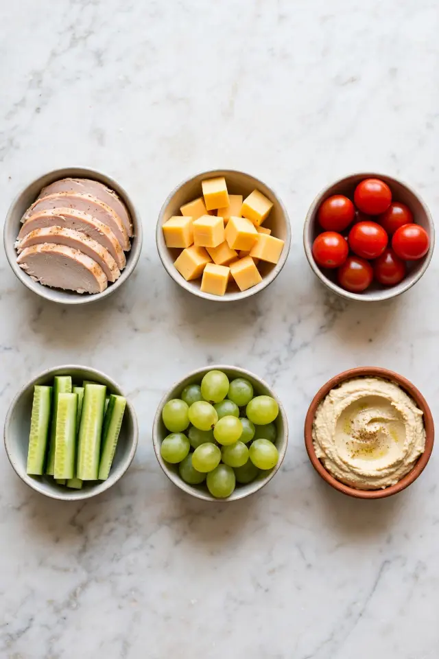 15 Kids Lunch Box Meals That Actually Come Home Empty 2 Flat-lay of ingredients for kids lunch box meals including bread, cheese, cucumber, grapes and hummus