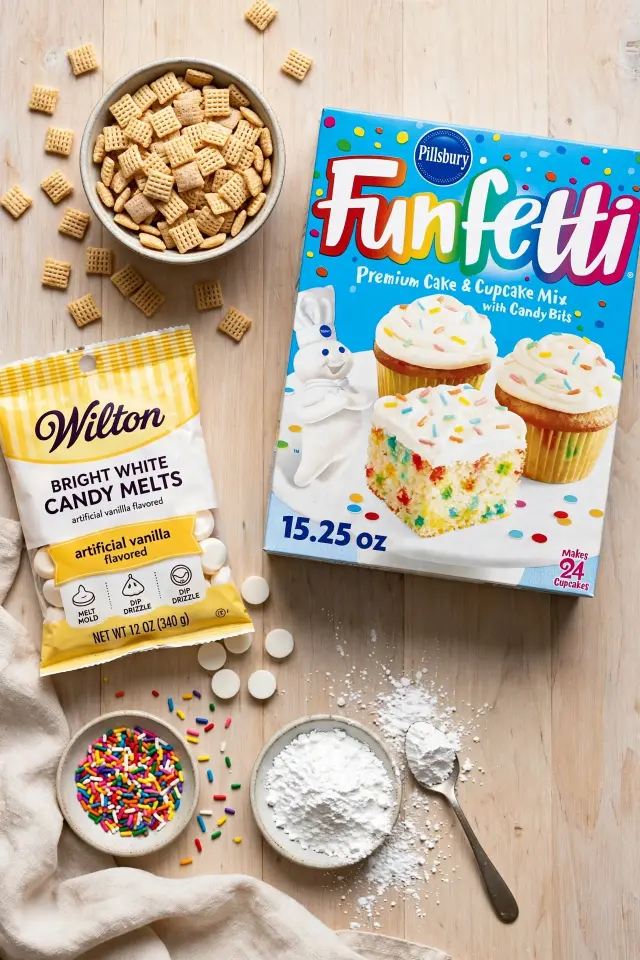 Cake Batter Puppy Chow Recipe (Ready in 15 Minutes!) 2 Flat-lay of ingredients for cake batter puppy chow recipe including cereal, cake mix, and sprinkles