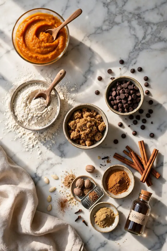 Pumpkin Chocolate Chip Cookies (Soft, Chewy, Ready in 30 Minutes) 2 Ingredients for pumpkin chocolate chip cookies arranged on countertop