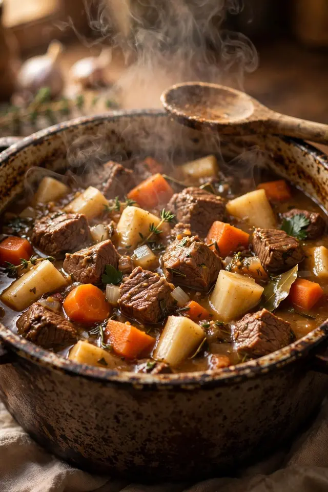 12 Fall Dinner Recipes You'll Make on Repeat All Season Long 8 Beef and root vegetable stew simmering in a rustic pot