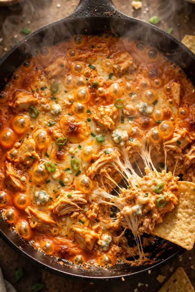 7 Football Appetizers That'll Have Your Whole Crew Fighting Over the Last Bite 2 Buffalo chicken dip appetizer in cast iron skillet with chips