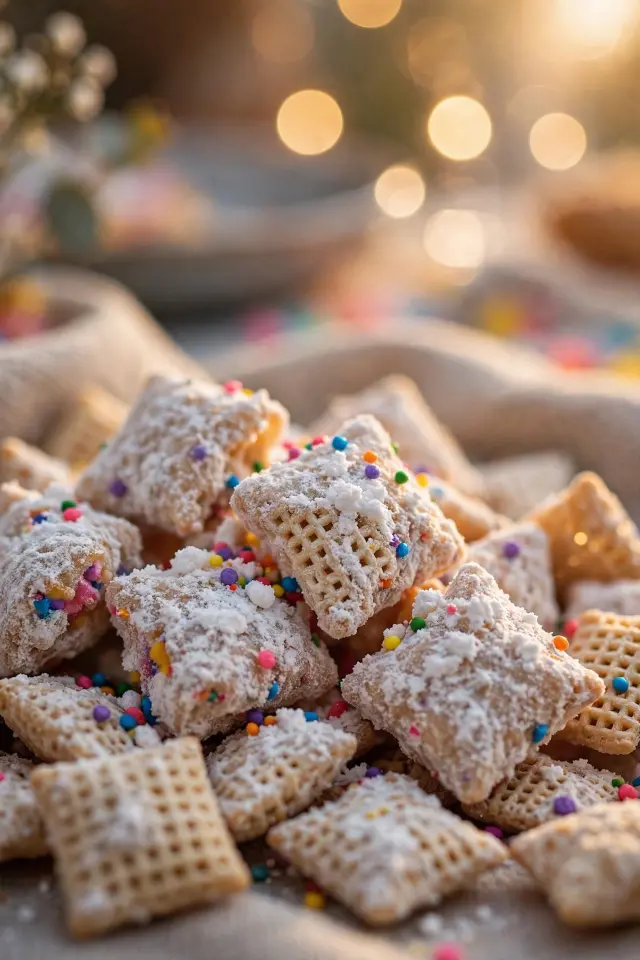 Cake Batter Puppy Chow Recipe (Ready in 15 Minutes!) 5 Close-up of finished cake batter puppy chow in a serving bowl with sprinkles