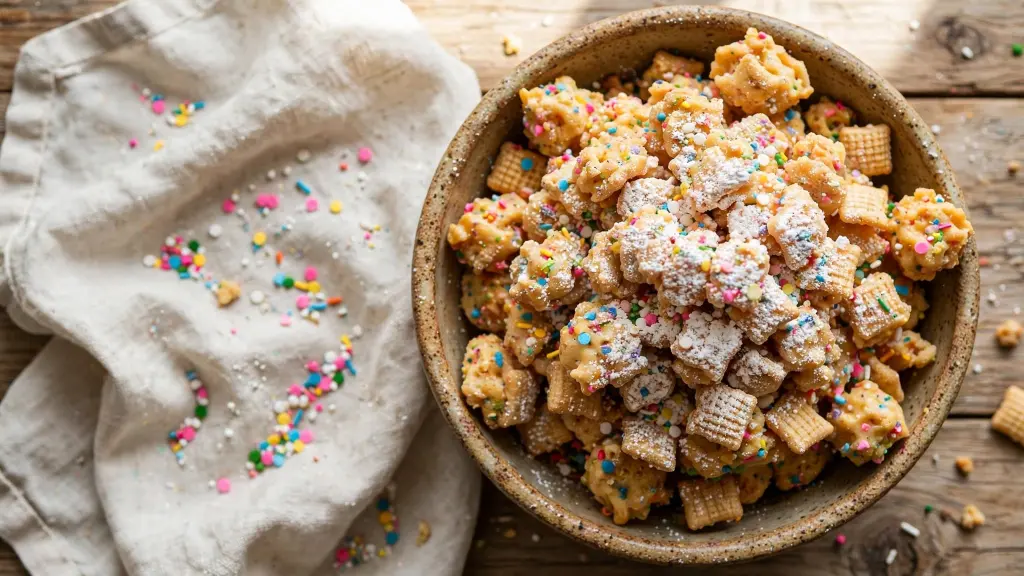 Cake Batter Puppy Chow Recipe (Ready in 15 Minutes!) 1 Bowl of cake batter puppy chow recipe coated in sprinkles and powdered sugar