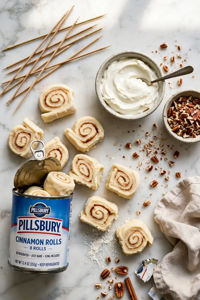 Cinnamon Roll Breakfast Skewers: A 20-Minute Weekend Treat Kids Actually Help Make 2 Ingredients for cinnamon roll breakfast skewers laid out on a countertop