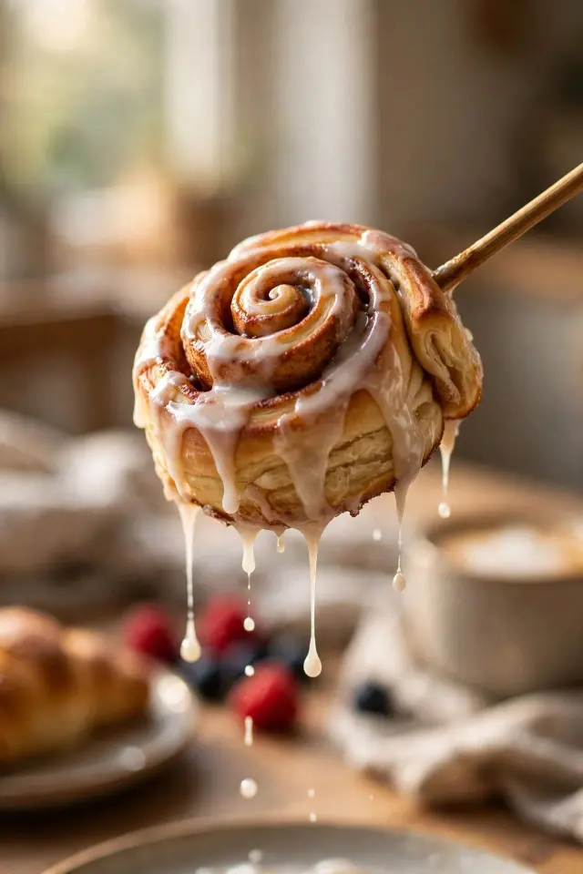 Cinnamon Roll Breakfast Skewers: A 20-Minute Weekend Treat Kids Actually Help Make 4 Close-up of a glazed cinnamon roll breakfast skewer being lifted from a plate