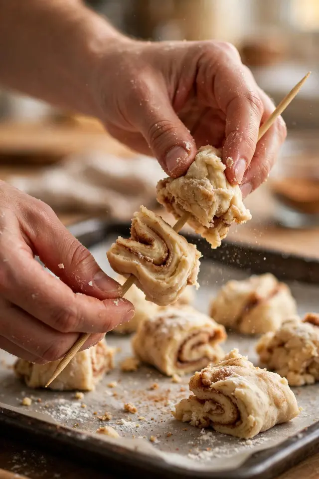Cinnamon Roll Breakfast Skewers: A 20-Minute Weekend Treat Kids Actually Help Make 3 Threading cinnamon roll dough pieces onto a skewer before baking