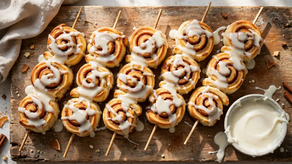 Cinnamon Roll Breakfast Skewers: A 20-Minute Weekend Treat Kids Actually Help Make 1 Cinnamon roll breakfast skewers drizzled with glaze on a wooden serving board