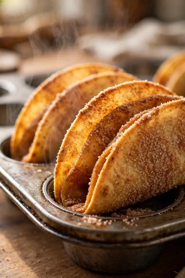 Strawberry Cheesecake Tacos Recipe (No-Bake & Ready in 20 Minutes) 3 Cinnamon sugar taco shells cooling in folded shape for strawberry cheesecake tacos