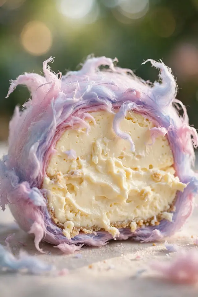 Cotton Candy Cheesecake Bombs: The No-Bake Party Treat That Disappears in Minutes 4 Close-up of a cotton candy cheesecake bomb sliced open showing the creamy cheesecake center