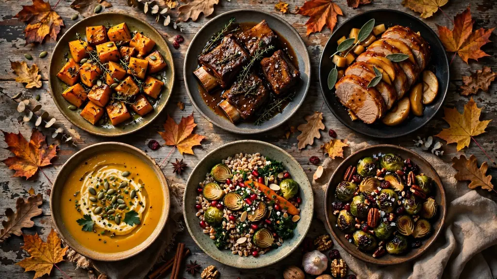 12 Fall Dinner Recipes You'll Make on Repeat All Season Long 1 Collage of fall dinner recipes featuring squash, braises, and roasted vegetables