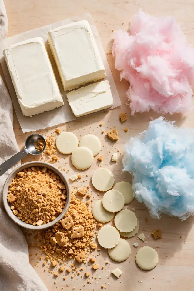 Cotton Candy Cheesecake Bombs: The No-Bake Party Treat That Disappears in Minutes 2 Ingredients for cotton candy cheesecake bombs including cream cheese, graham crackers, and cotton candy