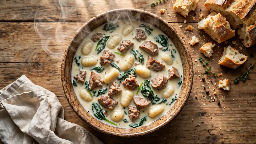 Sausage Gnocchi Soup Recipe (Rich, Creamy & Ready in 35 Minutes) 1 Bowl of creamy sausage gnocchi soup with spinach and parmesan