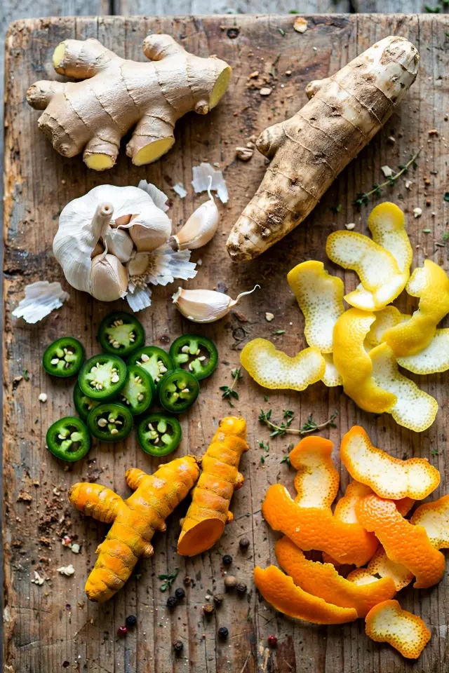 The Best Fire Cider Recipe (Ready in 15 Minutes, No Special Equipment Needed) 2 Fresh ingredients for fire cider recipe including ginger, garlic, and horseradish