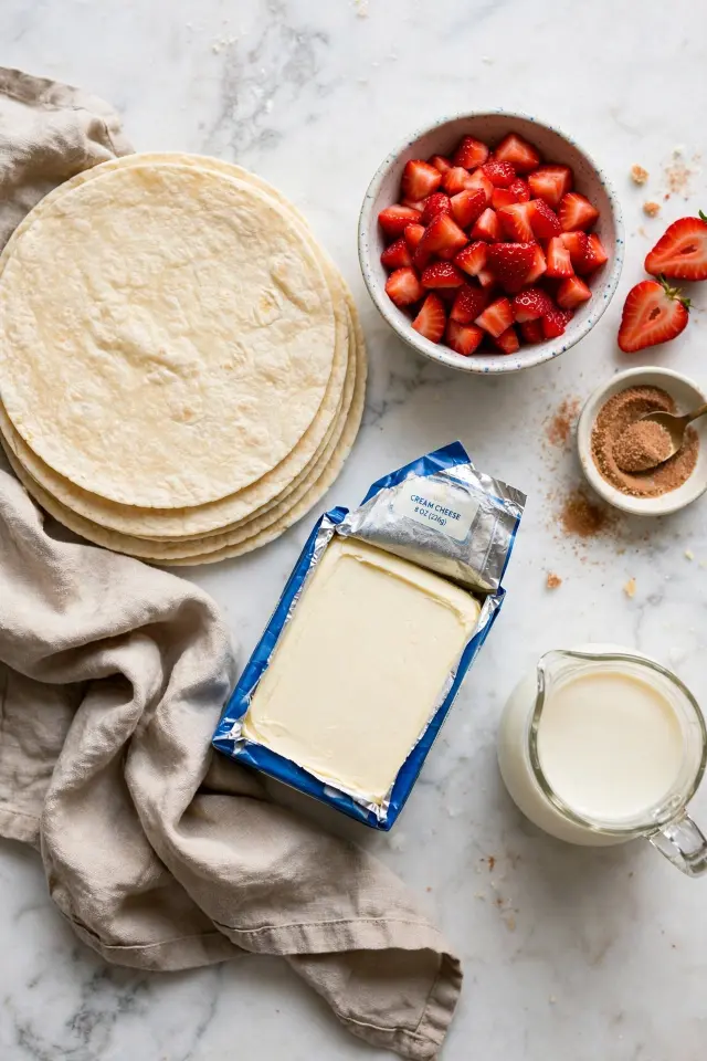 Strawberry Cheesecake Tacos Recipe (No-Bake & Ready in 20 Minutes) 2 Ingredients for strawberry cheesecake tacos recipe including cream cheese, strawberries, tortillas, and cinnamon sugar