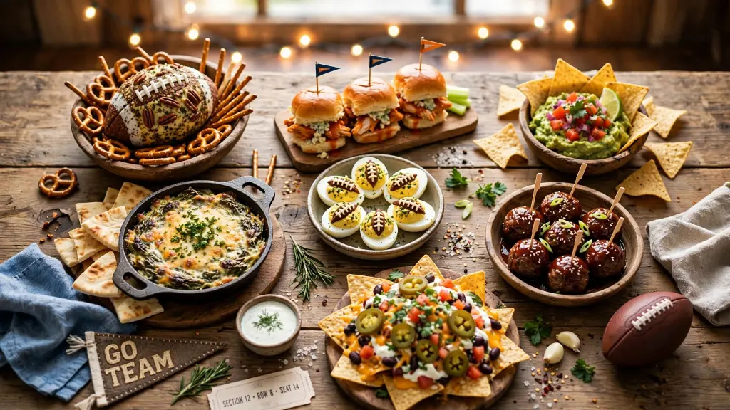 7 Football Appetizers That'll Have Your Whole Crew Fighting Over the Last Bite 1 Spread of football appetizers on a table for game day snacking