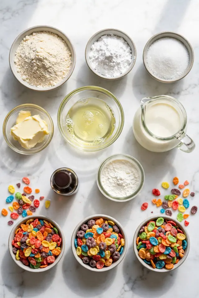 Fruity Pebbles Macarons Recipe: Crunchy, Colorful Shells in Just One Afternoon 2 Ingredients for fruity pebbles macarons recipe laid out on wooden counter