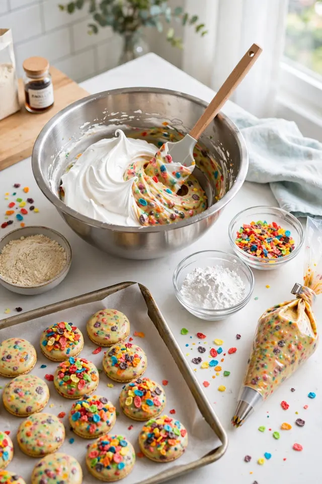Fruity Pebbles Macarons Recipe: Crunchy, Colorful Shells in Just One Afternoon 3 Folding fruity pebbles macaron batter to correct ribbon consistency