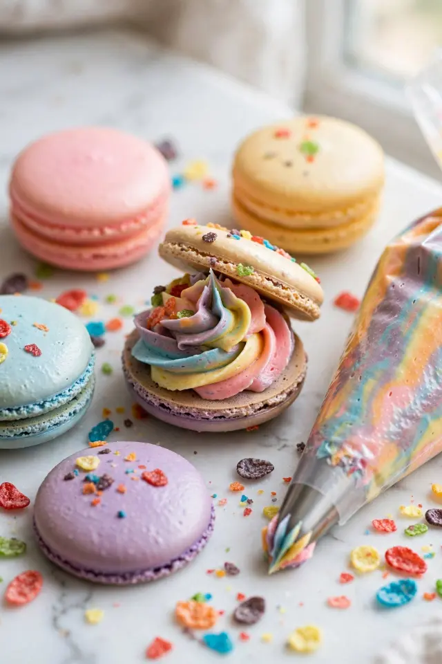 Fruity Pebbles Macarons Recipe: Crunchy, Colorful Shells in Just One Afternoon 4 Close-up of fruity pebbles macaron showing filling and crunchy cereal shell