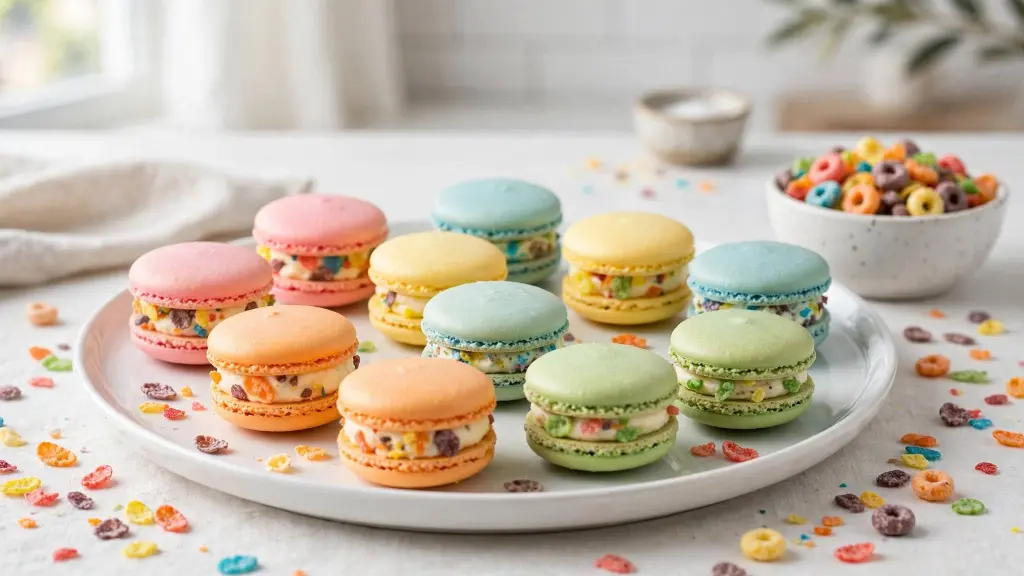 Fruity Pebbles Macarons Recipe: Crunchy, Colorful Shells in Just One Afternoon 1 Stack of fruity pebbles macarons with crunchy cereal shells and creamy filling
