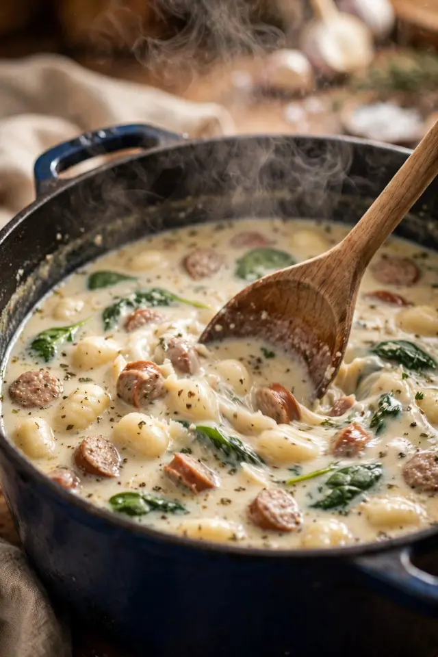 Sausage Gnocchi Soup Recipe (Rich, Creamy & Ready in 35 Minutes) 3 Stirring sausage gnocchi soup with gnocchi and spinach in the pot
