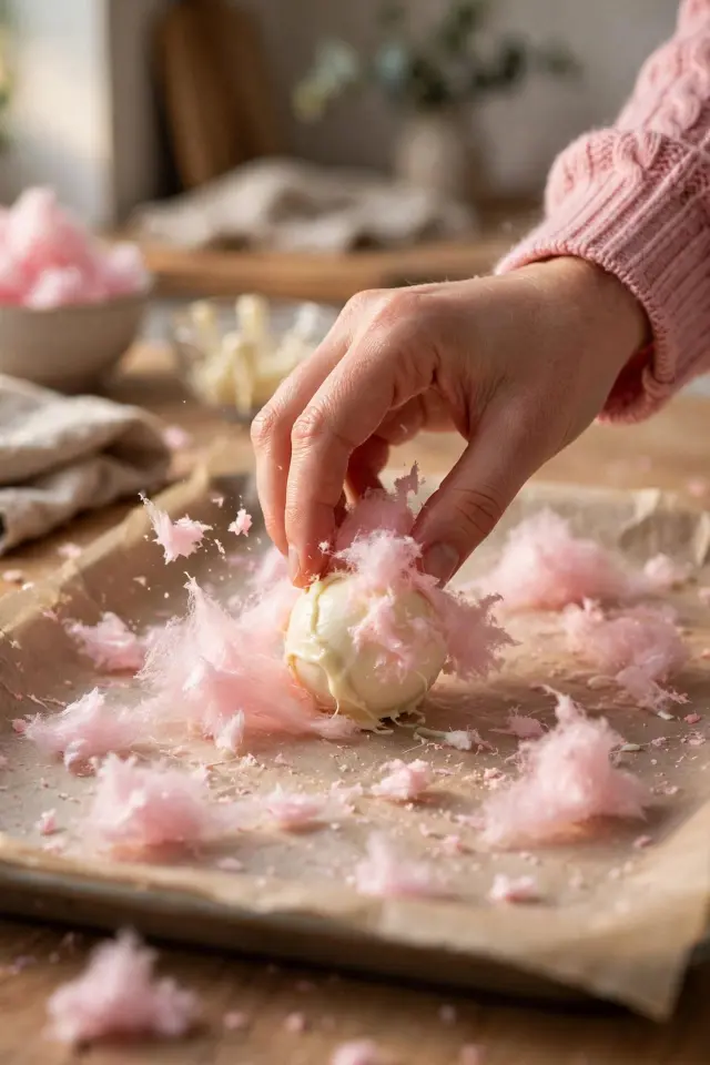 Cotton Candy Cheesecake Bombs: The No-Bake Party Treat That Disappears in Minutes 3 Rolling a cheesecake bomb in cotton candy shreds after dipping in white chocolate