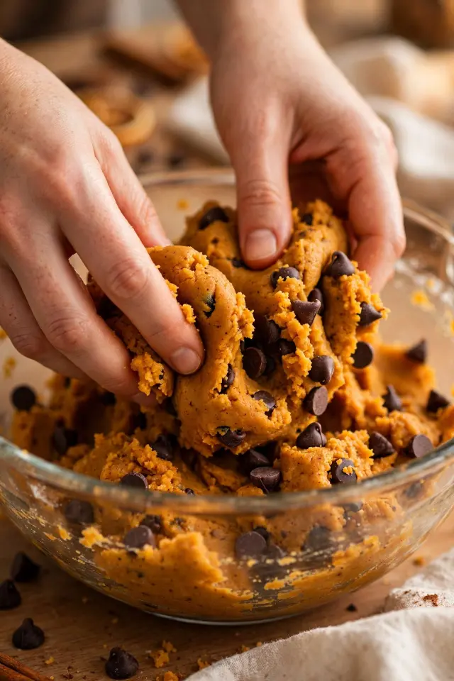 Pumpkin Chocolate Chip Cookies (Soft, Chewy, Ready in 30 Minutes) 3 Folding chocolate chips into pumpkin cookie dough in mixing bowl