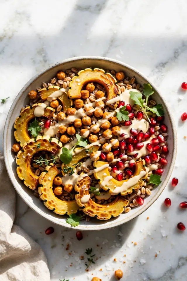 12 Fall Dinner Recipes You'll Make on Repeat All Season Long 5 Harvest grain bowl with roasted squash, chickpeas, and tahini dressing