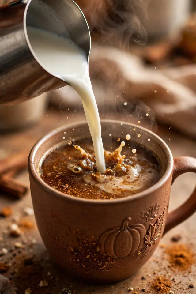 Pumpkin Spice Latte Recipe: Ready in 10 Minutes, Better Than the Coffee Shop 3 Pouring frothed milk into a pumpkin spice latte recipe in progress