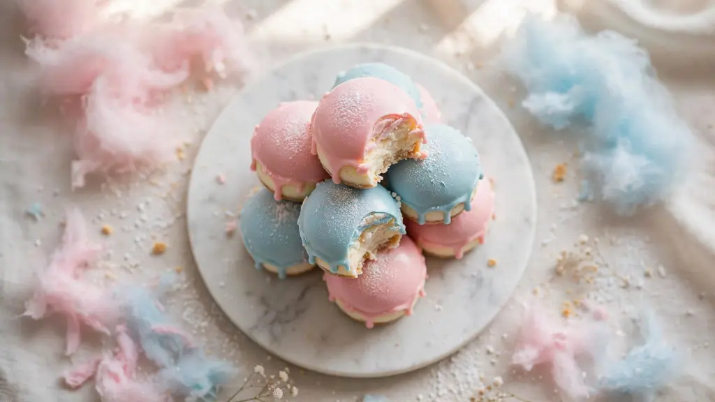 Cotton Candy Cheesecake Bombs: The No-Bake Party Treat That Disappears in Minutes 1 Cotton candy cheesecake bombs stacked on a marble plate with pastel cotton candy garnish